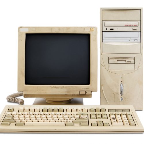 old and obsolete computer set isolated on white